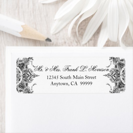 Toile Zwart N Wit Damast Swirl Wedding Labels (Insitu)