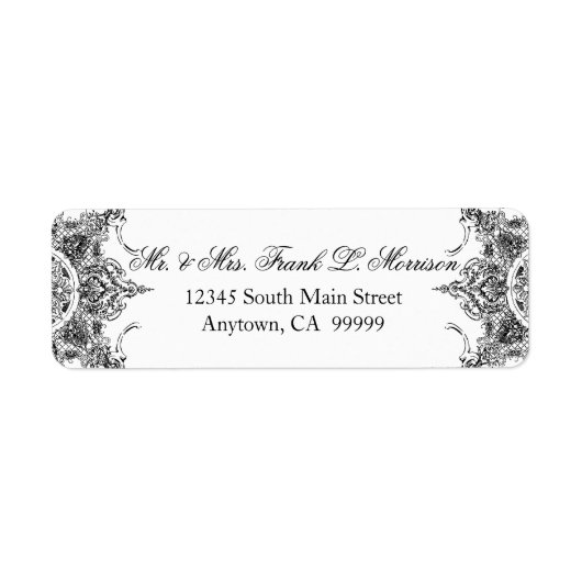 Toile Zwart N Wit Damast Swirl Wedding Labels (Voorkant)