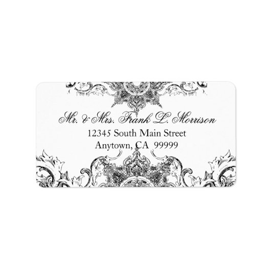Toile Zwart N Wit Damast Swirl Wedding Labels (Voorkant)