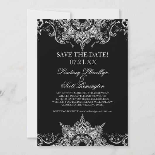Toile Zwart op Wit Damast Swirl Save the Dates Kaart (Voorkant)