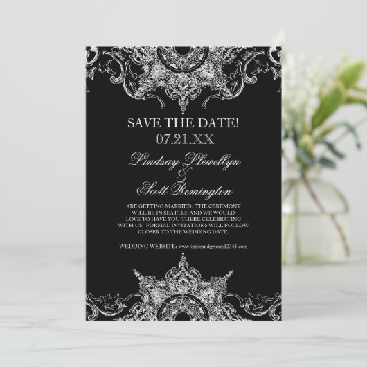 Toile Zwart op Wit Damast Swirl Save the Dates Kaart (Staand voorkant)