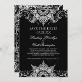 Toile Zwart op Wit Damast Swirl Save the Dates Kaart (Voorkant / Achterkant)