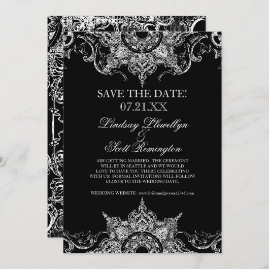 Toile Zwart op Wit Damast Swirl Save the Dates Kaart (Voorkant / Achterkant)