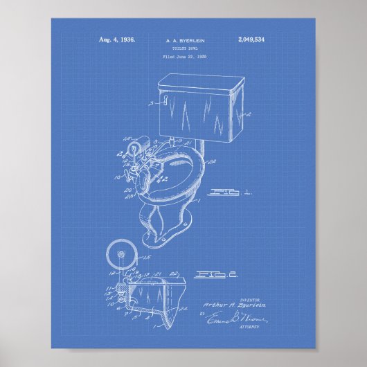 Toilet Bowl 1936 Patent Art Blueprint Poster (Voorkant)