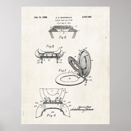 Toilet Seat and Hoesje 1936 Patent Print Poster (Voorkant)