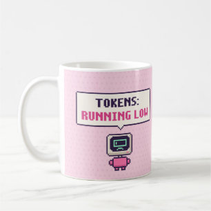 Tokens: Grappige AI Pixel Mok met Lage Stroom