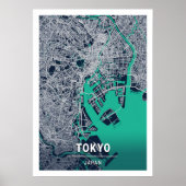 Tokio - Japan Blue Dark City Map Poster (Voorkant)