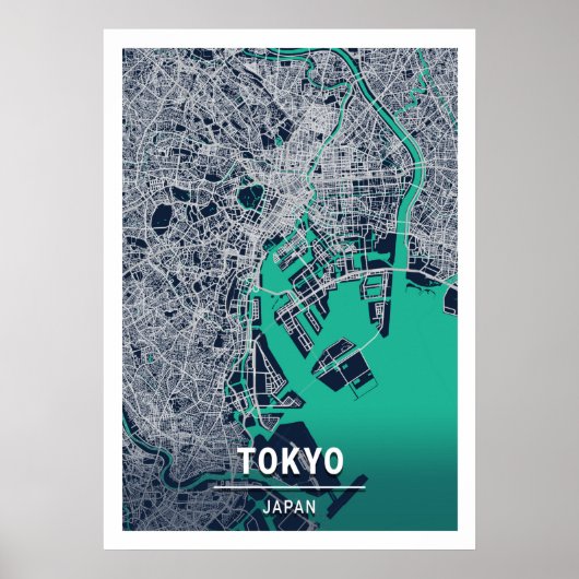 Tokio - Japan Blue Dark City Map Poster (Voorkant)
