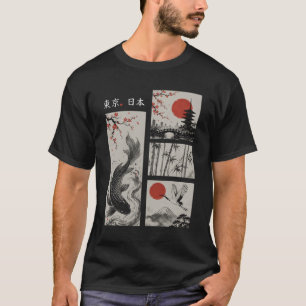 Tokio Japan Koi Vis Kraan Bamboe Rode Zon Aziatisc T-shirt
