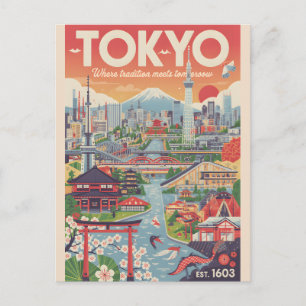 Tokio Japan Retro Reisposter Kunst Feestdagenkaart