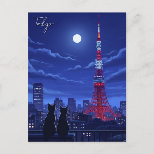 Tokio katten bij nacht briefkaart (Voorkant)