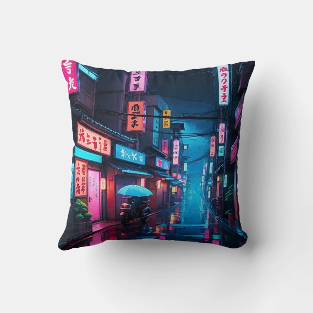 Tokio Straat 's Nachts LoFi Kunst  Kussen (Achterkant)