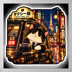 Tokio Taxi Kat Regenachtige Japanse Neon Straatkun Poster