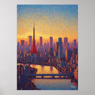 Tokio Tower Pointillisme Silhouet Zonsondergang Ku Poster