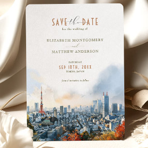 Tokio Watercolor Skyline Save-the-Date Kaart
