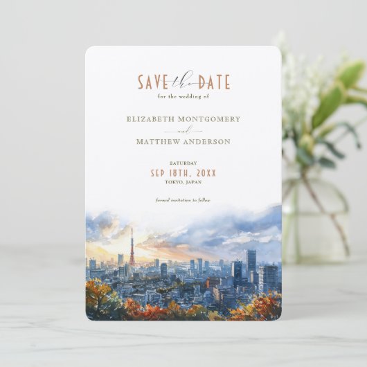 Tokio Watercolor Stadssilhouet Save-the-Date Kaart (Staand voorkant)