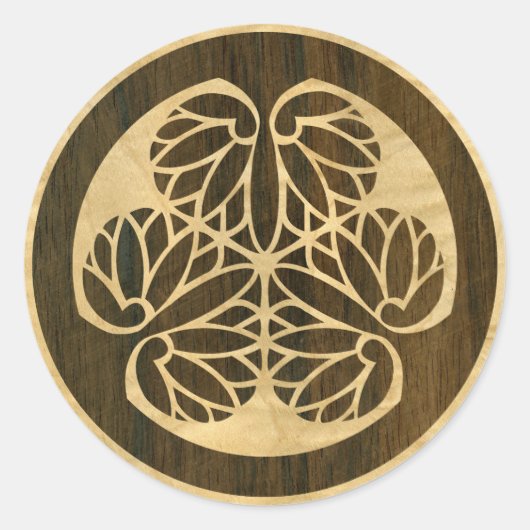Tokugawa Aoi Mon Japanse Familie Crest Wood Veneer Ronde Sticker (Voorkant)