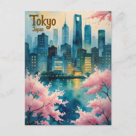 Tokyo Cherry Blossoms Briefkaart – Sakura met Stad (Voorkant)