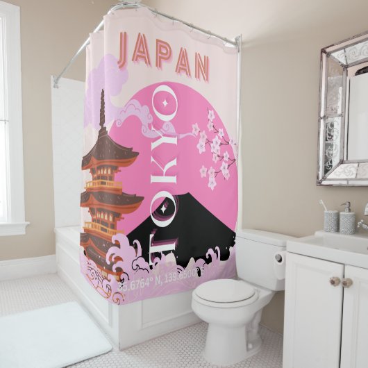 Tokyo Japan Reiskunst, Retro Reiskunst, Roze Douchegordijn (In situ)