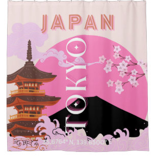 Tokyo Japan Reiskunst, Retro Reiskunst, Roze Douchegordijn