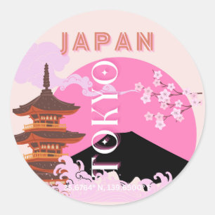Tokyo Japan Reiskunst, Retro Reiskunst, Roze Ronde Sticker