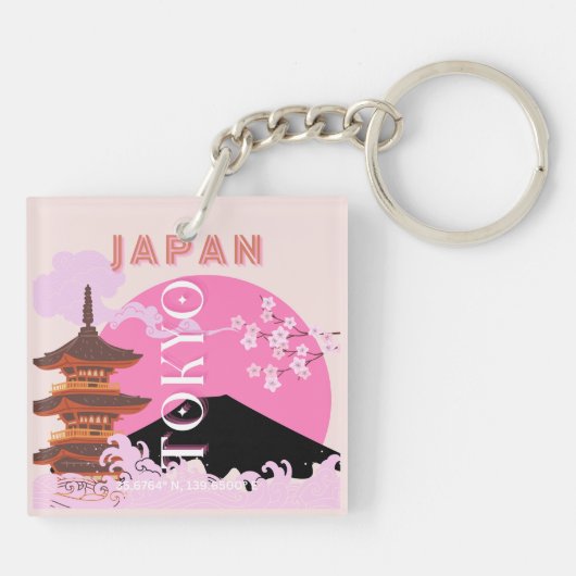 Tokyo Japan Reiskunst, Retro Reiskunst, Roze Sleutelhanger (Achterkant)