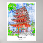 Tokyo Japan Travel Waterverf met de hand getekend Poster (Voorkant)
