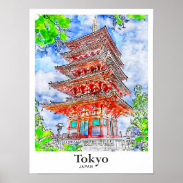 Tokyo Japan Travel Waterverf met de hand getekend Poster
