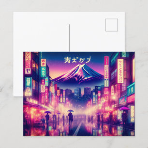 Tokyo met neonlichten en Mount Fuji. briefkaarten