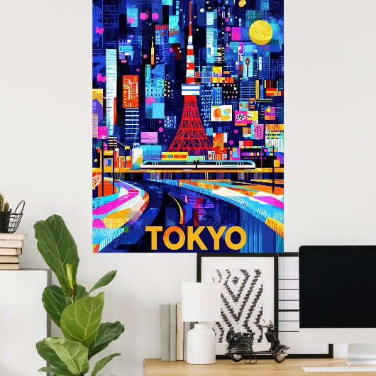 Tokyo Neon Glow – Kleurrijk geometrisch stadsbeeld Poster (Thuiskantoor)
