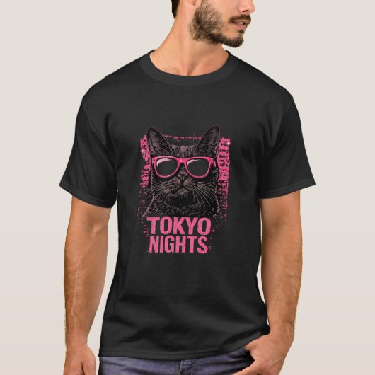 Tokyo Nights Cat T-Shirt – Cool Cat with Glasses  (Voorkant)