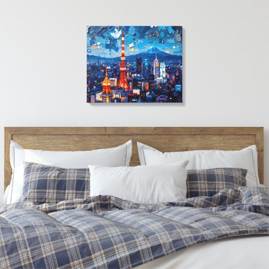 Tokyo Skyline Premium Canvas Muurkunst | nachtstad (Insitu (Slaapkamer))