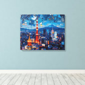 Tokyo Skyline Premium Canvas Muurkunst | nachtstad (Insitu (Houten vloer))