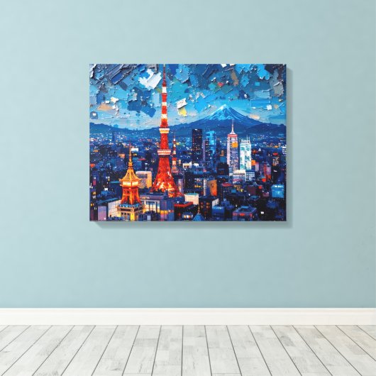 Tokyo Skyline Premium Canvas Muurkunst | nachtstad (Insitu (Houten vloer))