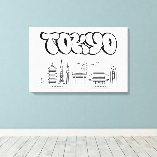 Tokyo Skyline Urban Graffiti Stretched Canvas Art Afdruk (Insitu (Houten vloer))