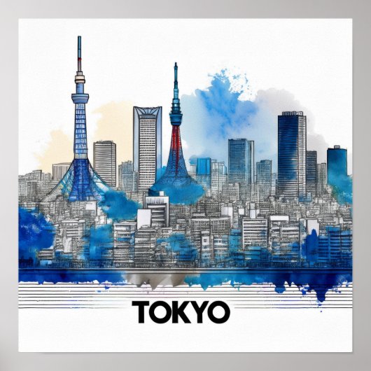 Tokyo Skyline - Waterverf Tokyo Skyline Poster (Voorkant)