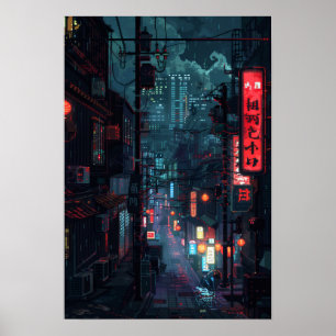 Tokyo-Stijl Cyberpunk Futuristische Stad bij Nacht Poster