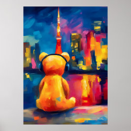 Tokyo Teddy Neon Skyline Night Reflection Poster