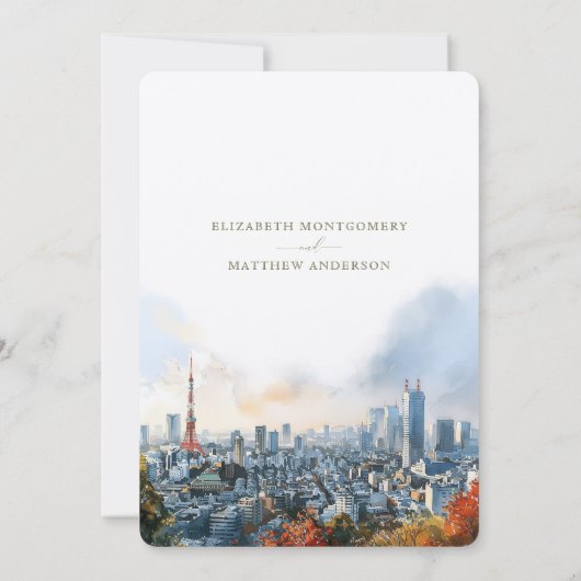 Tokyo Waterverf Skyline Save-the-Date Kaart (Achterkant)