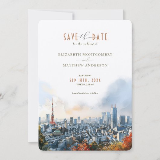 Tokyo Waterverf Skyline Save-the-Date Kaart (Voorkant)