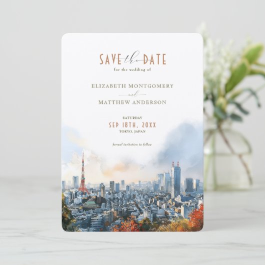 Tokyo Waterverf Skyline Save-the-Date Kaart (Staand voorkant)