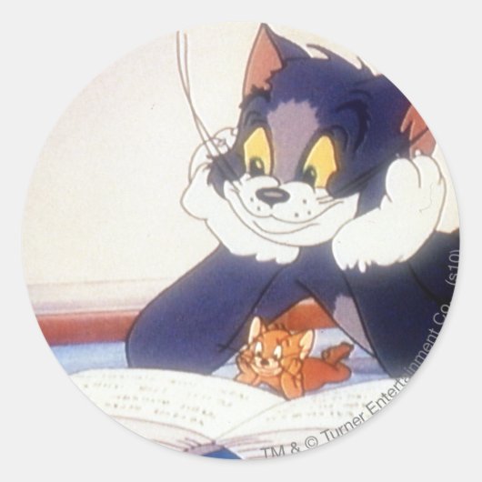 Tom en Jerry lezen een boek Ronde Sticker (Voorkant)