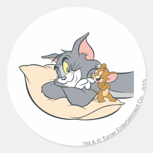 Tom en Jerry On Pillow Ronde Sticker (Voorkant)