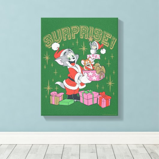 Tom, Jerry en Nibbles Holiday Surprise Canvas Afdruk (Insitu (Houten vloer))