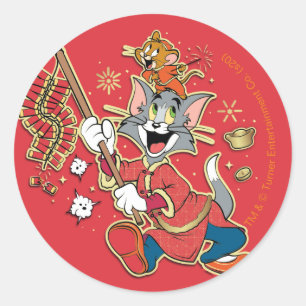 Tom & Jerry Lighting Firecrackers Ronde Sticker
