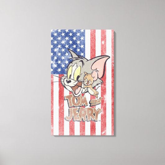 Tom & Jerry met Amerikaanse vlag Canvas Afdruk (Voorkant)