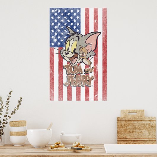 Tom & Jerry met Amerikaanse vlag Poster (Keuken)