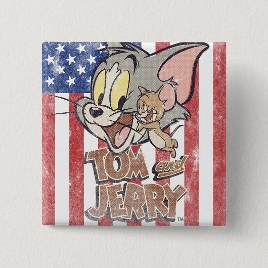 Tom & Jerry met Amerikaanse vlag Vierkante Button 5,1 Cm (Voorkant)