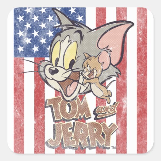 Tom & Jerry met Amerikaanse vlag Vierkante Sticker (Voorkant)