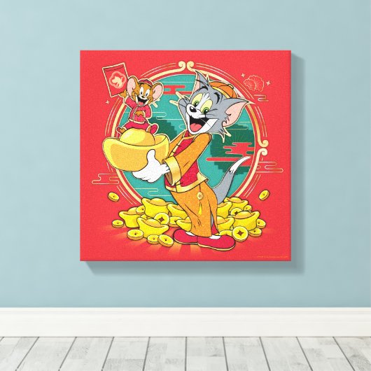 Tom & Jerry New Years Red Envelope Canvas Afdruk (Insitu (Houten vloer))